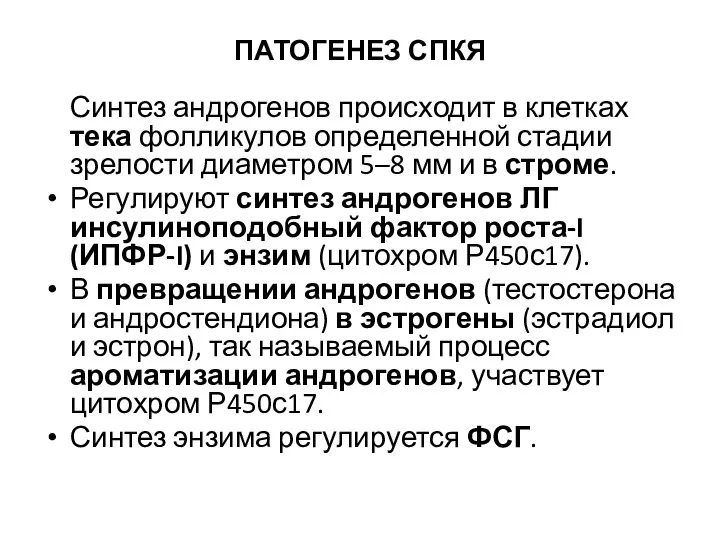 ПАТОГЕНЕЗ СПКЯ Синтез андрогенов происходит в клетках тека фолликулов определенной стадии