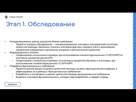 Этап 1. Обследование Интервьюирование, реестр процессов, бизнес требования Провести экспресс-обследование -