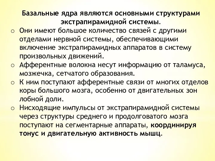 Базальные ядра являются основными структурами экстрапирамидной системы. Они имеют большое количество