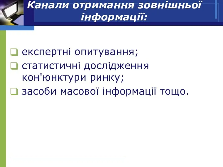 Канали отримання зовнішньої інформації: експертні опитування; статистичні дослідження кон'юнктури ринку; засоби масової інформації тощо.