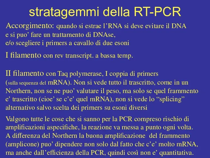 stratagemmi della RT-PCR Accorgimento: quando si estrae l’RNA si deve evitare