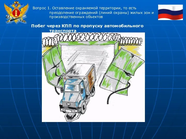 Вопрос 1. Оставление охраняемой территории, то есть преодоление ограждений (линий охраны)