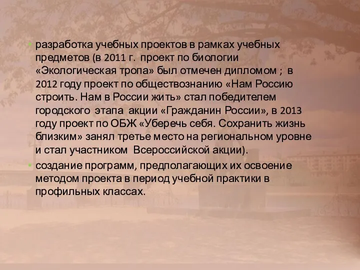 разработка учебных проектов в рамках учебных предметов (в 2011 г. проект