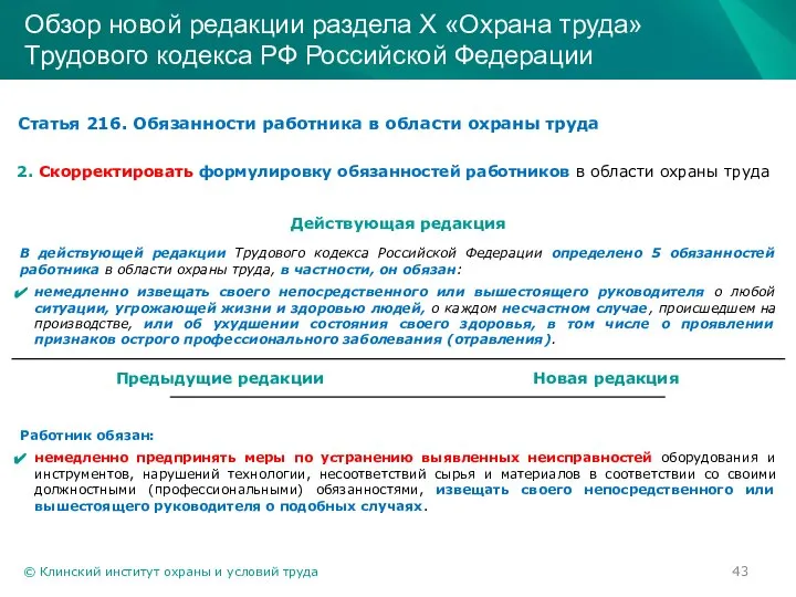 © Клинский институт охраны и условий труда Обзор новой редакции раздела