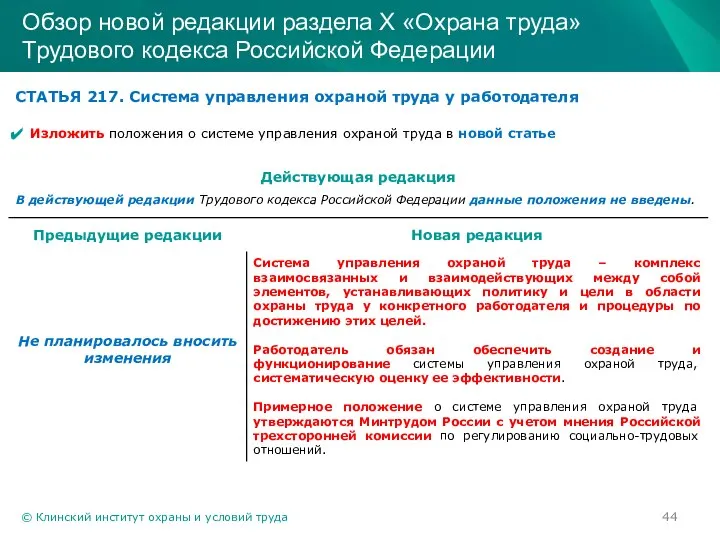 © Клинский институт охраны и условий труда Обзор новой редакции раздела