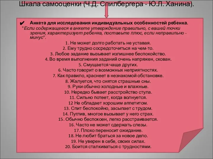 Шкала самооценки (Ч.Д. Спилбергера - Ю.Л. Ханина). Анкета для исследования индивидуальных