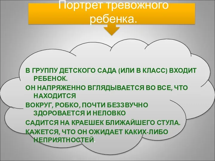 Портрет тревожного ребенка. В ГРУППУ ДЕТСКОГО САДА (ИЛИ В КЛАСС) ВХОДИТ