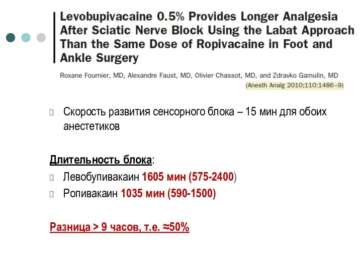 Скорость развития сенсорного блока – 15 мин для обоих анестетиков Длительность