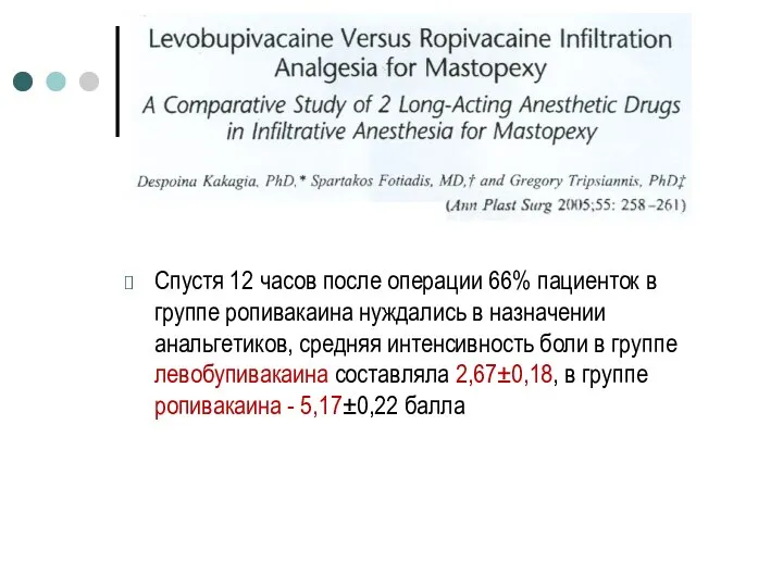 Спустя 12 часов после операции 66% пациенток в группе ропивакаина нуждались