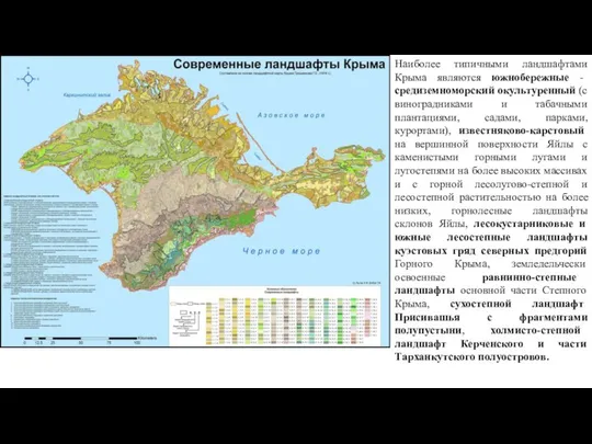 Наиболее типичными ландшафтами Крыма являются южнобережные - средиземноморский окультуренный (с виноградниками