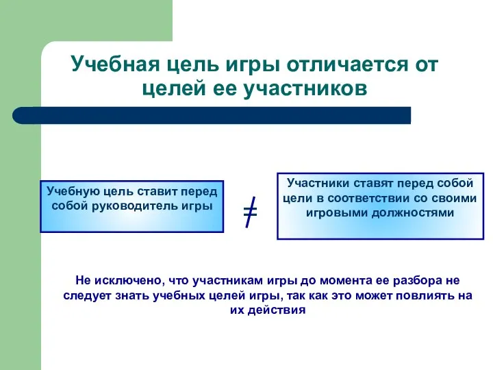 Учебная цель игры отличается от целей ее участников Не исключено, что
