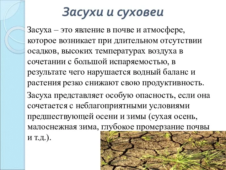 Засухи и суховеи Засуха – это явление в почве и атмосфере,