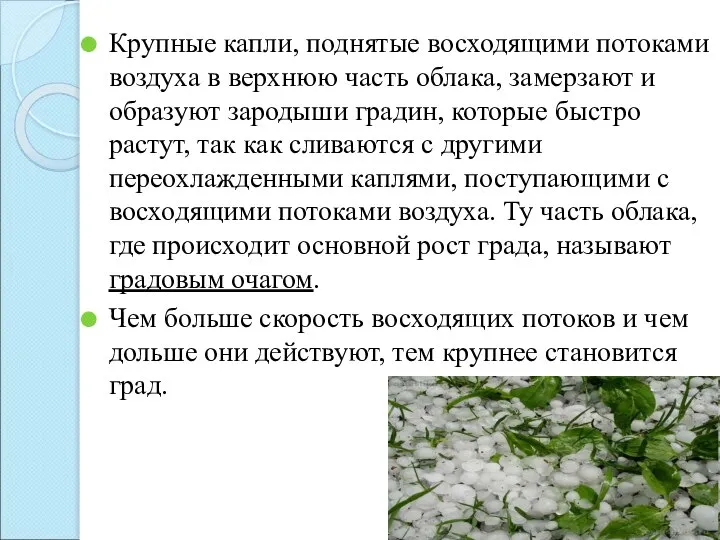 Крупные капли, поднятые восходящими потоками воздуха в верхнюю часть облака, замерзают