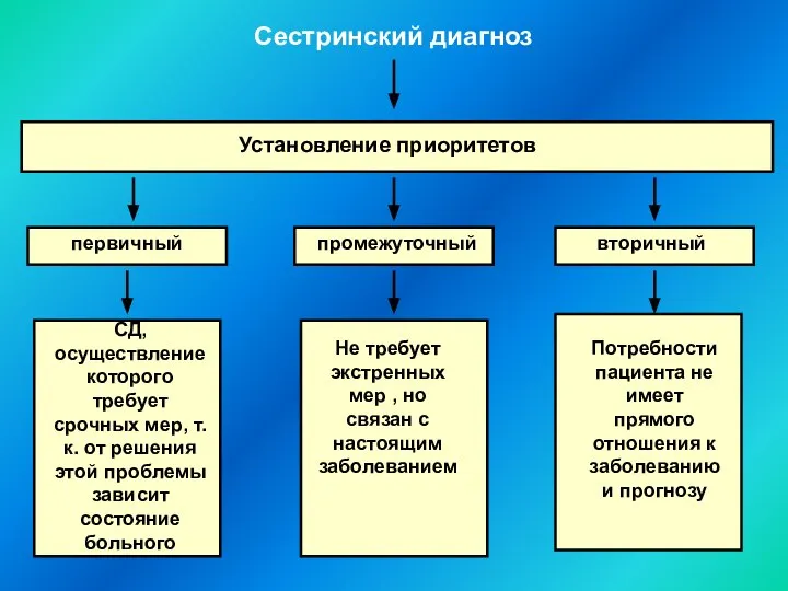 Сестринский диагноз Установление приоритетов первичный промежуточный вторичный СД, осуществление которого требует