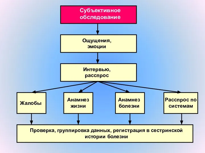 Субъективное обследование Ощущения, эмоции Интервью, расспрос Жалобы Анамнез жизни Анамнез болезни