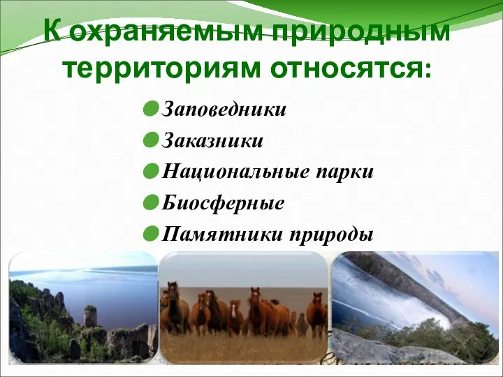 Заповедники Заказники Национальные парки Биосферные Памятники природы К охраняемым природным территориям относятся: