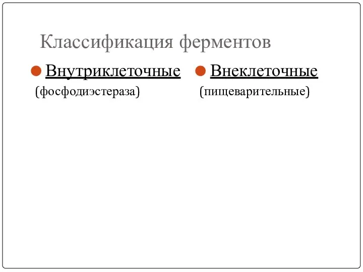 Классификация ферментов Внутриклеточные (фосфодиэстераза) Внеклеточные (пищеварительные)