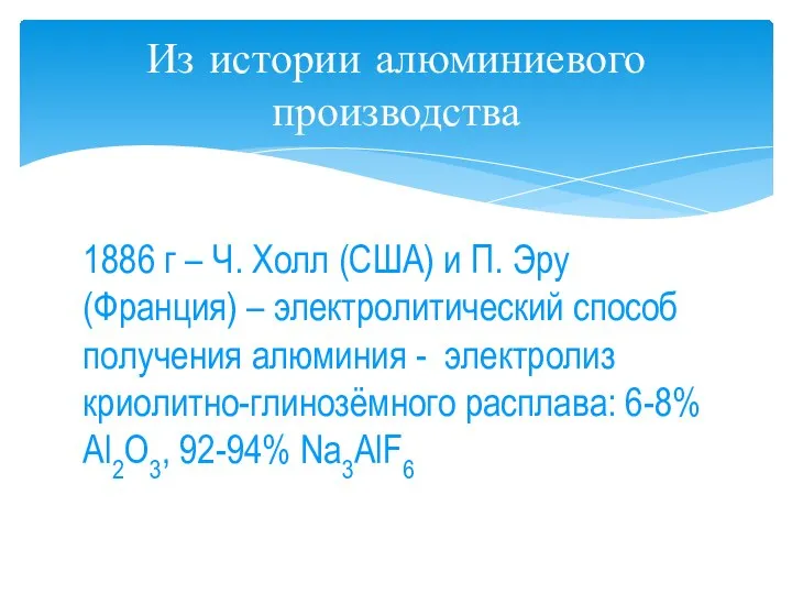 1886 г – Ч. Холл (США) и П. Эру (Франция) –