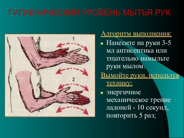 Алгоритм выполнения: Нанесите на руки 3-5 мл антисептика или тщательно намыльте