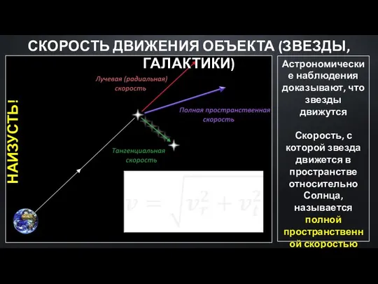 СКОРОСТЬ ДВИЖЕНИЯ ОБЪЕКТА (ЗВЕЗДЫ, ГАЛАКТИКИ) Астрономические наблюдения доказывают, что звезды движутся