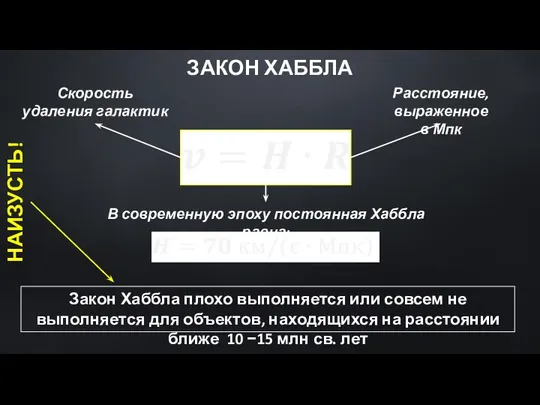 ЗАКОН ХАББЛА В современную эпоху постоянная Хаббла равна: Скорость удаления галактик