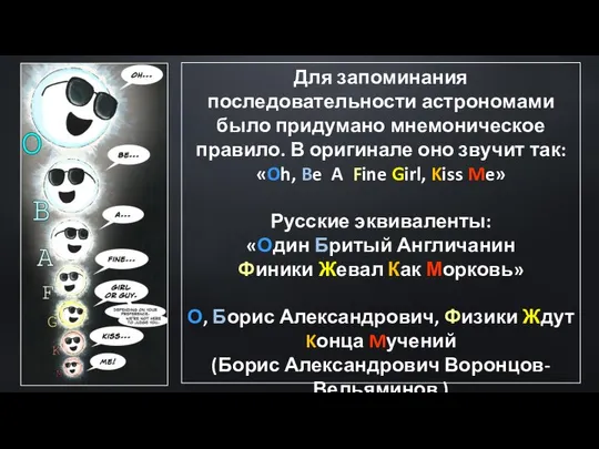 Для запоминания последовательности астрономами было придумано мнемоническое правило. В оригинале оно