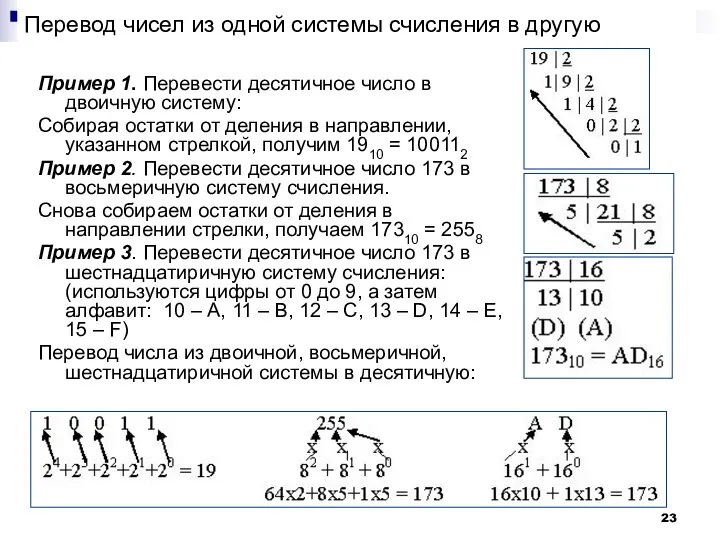 Перевод чисел из одной системы счисления в другую Пример 1. Перевести