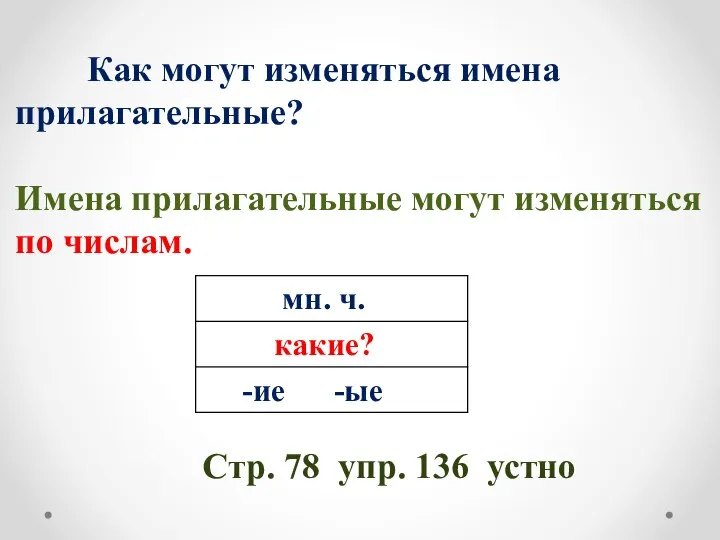 Как могут изменяться имена прилагательные? Имена прилагательные могут изменяться по числам. Стр. 78 упр. 136 устно