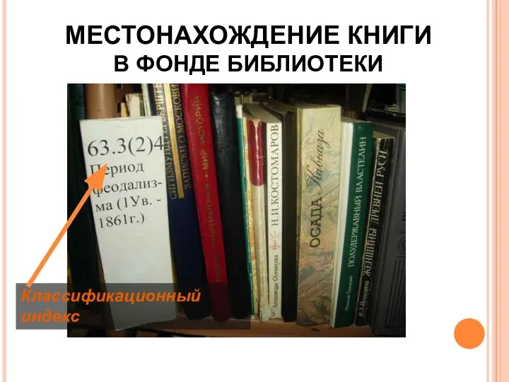 МЕСТОНАХОЖДЕНИЕ КНИГИ В ФОНДЕ БИБЛИОТЕКИ Классификационный индекс