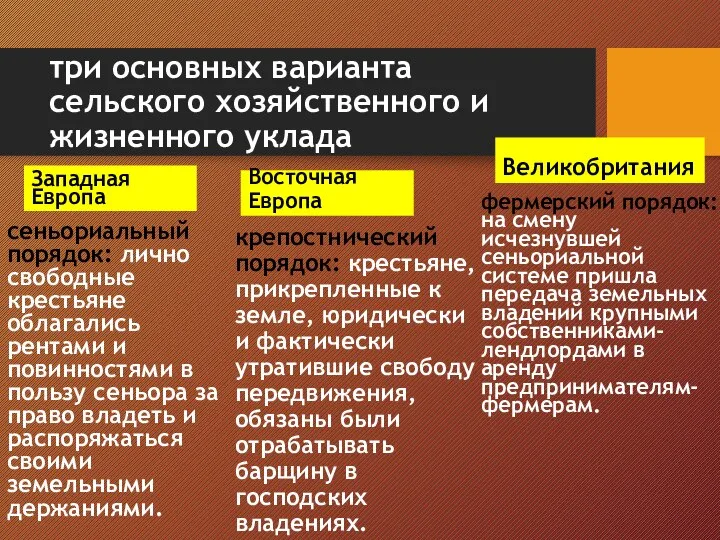 три основных варианта сельского хозяйственного и жизненного уклада Западная Европа сеньориальный