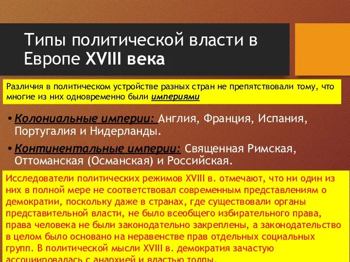 Типы политической власти в Европе XVIII века Колониальные империи: Англия, Франция,