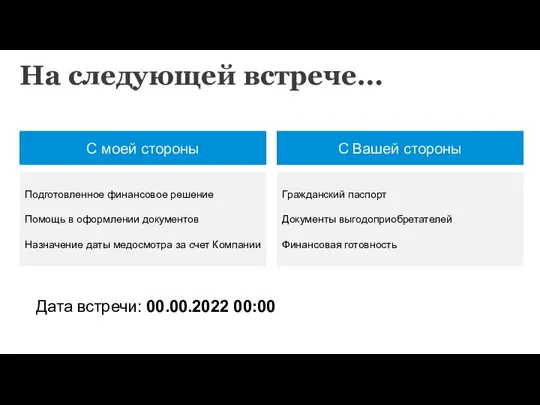 На следующей встрече… С моей стороны С Вашей стороны Подготовленное финансовое