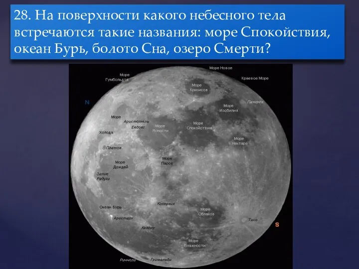 28. На поверхности какого небесного тела встречаются такие названия: море Спокойствия,