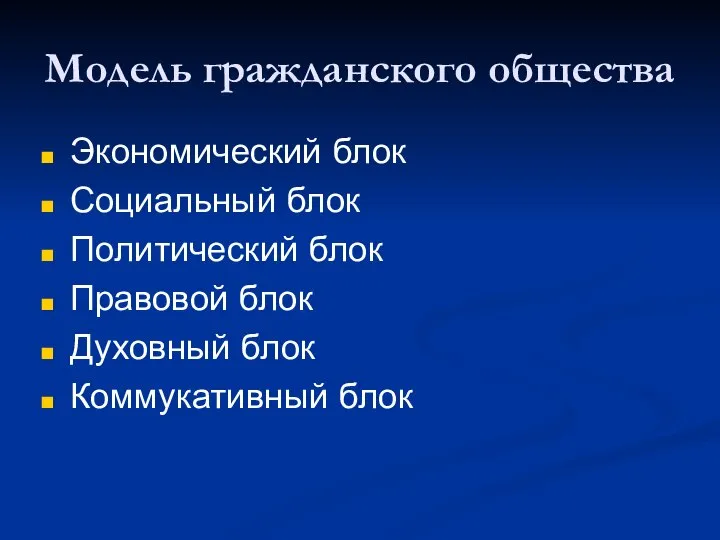 Модель гражданского общества Экономический блок Социальный блок Политический блок Правовой блок Духовный блок Коммукативный блок