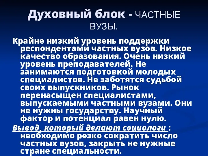 Духовный блок - ЧАСТНЫЕ ВУЗЫ. Крайне низкий уровень поддержки респондентами частных