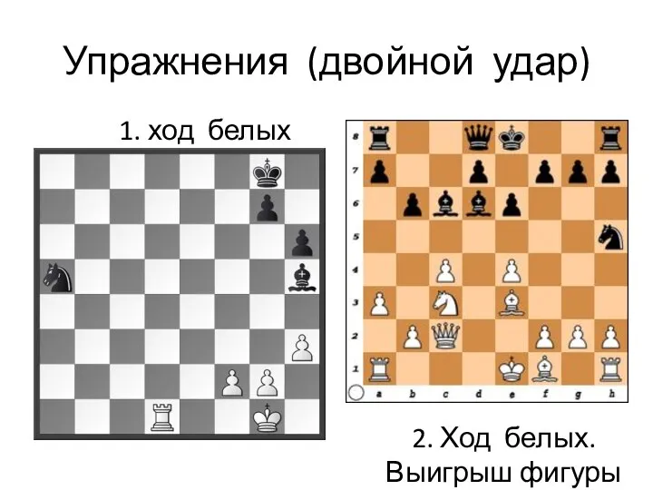 Упражнения (двойной удар) 1. ход белых 2. Ход белых. Выигрыш фигуры