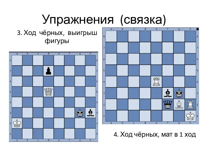 Упражнения (связка) 3. Ход чёрных, выигрыш фигуры 4. Ход чёрных, мат в 1 ход