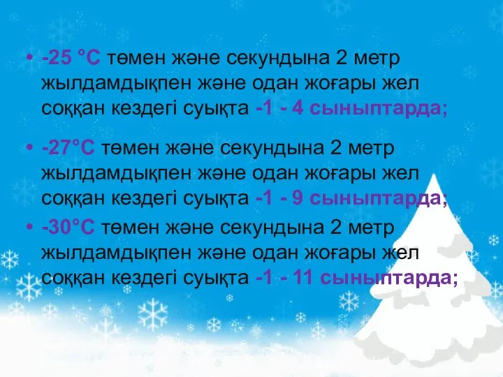 -25 °С төмен және секундына 2 метр жылдамдықпен және одан жоғары