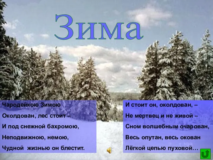 Зима Чародейкою Зимою Околдован, лес стоит – И под снежной бахромою,