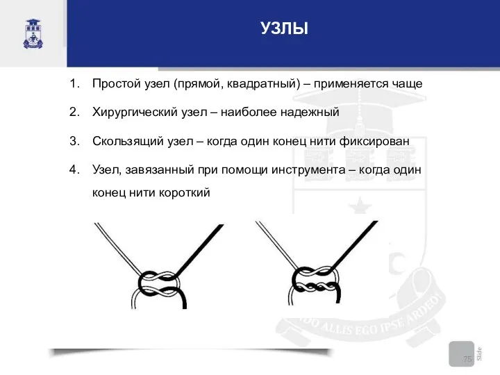 УЗЛЫ Простой узел (прямой, квадратный) – применяется чаще Хирургический узел –