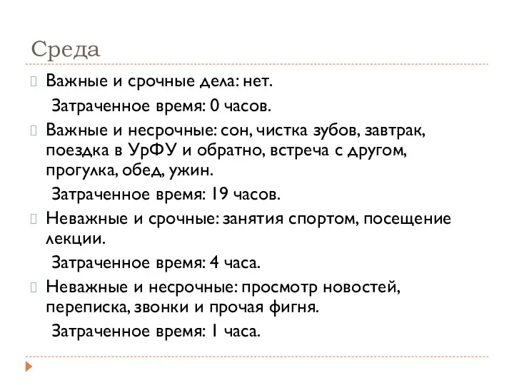 Среда Важные и срочные дела: нет. Затраченное время: 0 часов. Важные