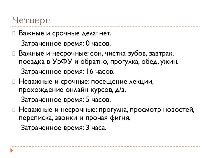 Четверг Важные и срочные дела: нет. Затраченное время: 0 часов. Важные