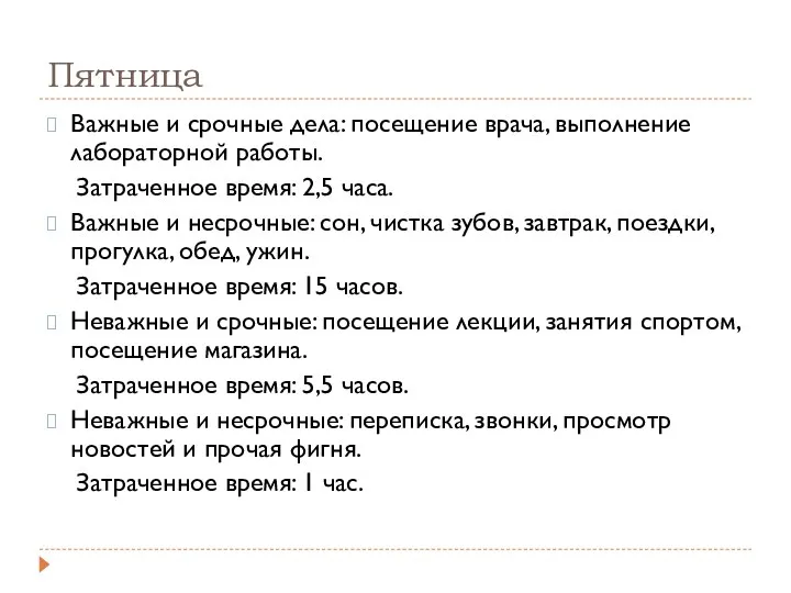 Пятница Важные и срочные дела: посещение врача, выполнение лабораторной работы. Затраченное