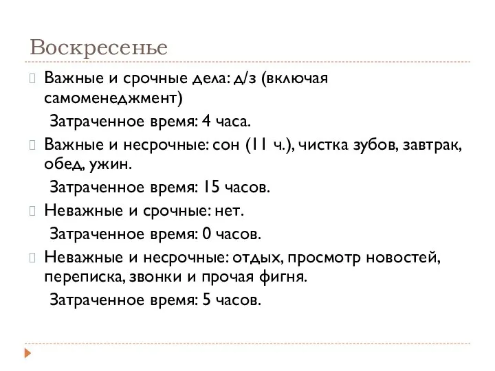 Воскресенье Важные и срочные дела: д/з (включая самоменеджмент) Затраченное время: 4