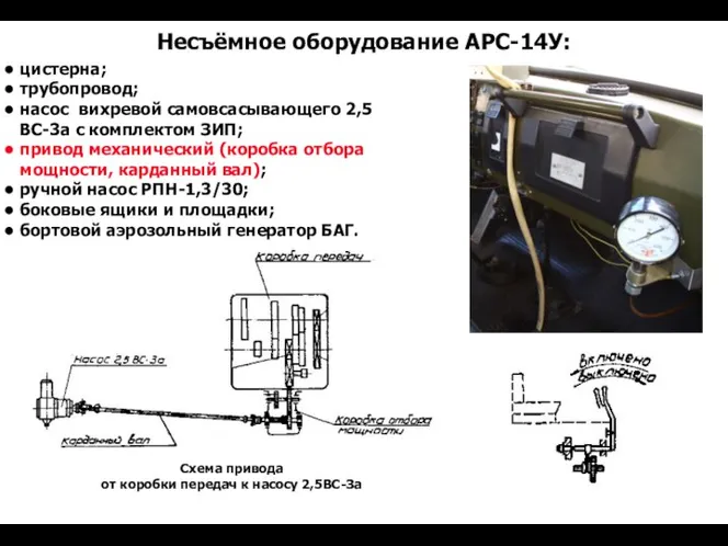 Несъёмное оборудование АРС-14У: Схема привода от коробки передач к насосу 2,5ВС-За