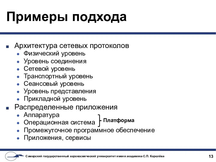 Примеры подхода Архитектура сетевых протоколов Физический уровень Уровень соединения Сетевой уровень