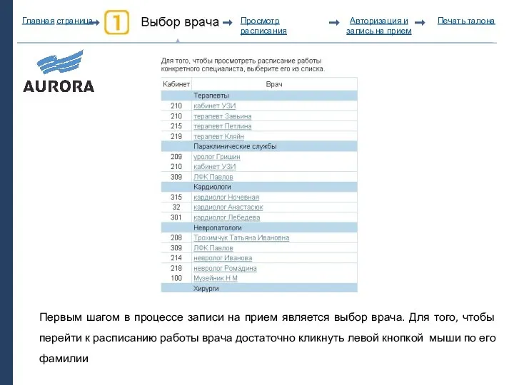 Первым шагом в процессе записи на прием является выбор врача. Для