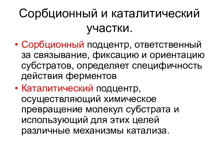 Сорбционный и каталитический участки. Сорбционный подцентр, ответственный за связывание, фиксацию и