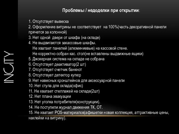 Проблемы / недоделки при открытии: 1. Отсутствует вывеска 2. Оформление витрины