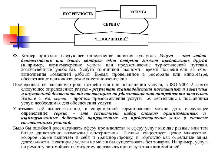 Ф. Котлер приводит следующее определение понятия «услуга»: Услуга – это любая